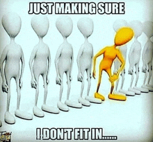 a group of cartoon characters are standing in a row and one of them is standing out from the rest .