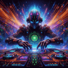 a colorful illustration of a robot playing a dj set
