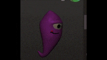 a 3d model of a purple cartoon character with one eye and a smile .