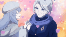 a cartoon drawing of a girl and an older woman with hearts around them