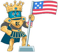 a cartoon king holding an american flag with the letter k on his chest