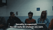a group of people sitting in a waiting room with the words sexuality is a spectrum on the bottom