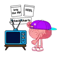 a cartoon drawing of a brain wearing a purple hat standing in front of a tv