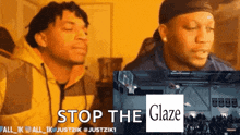 two men are watching a basketball game with the words stop the glaze on the screen