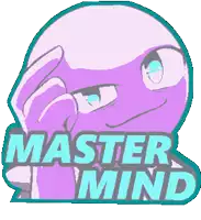 a sticker with a purple face and the words master mind