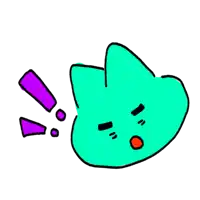 a cartoon drawing of a green cat with purple exclamation points
