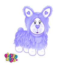 a purple fluffy dog with hearts on its ears and a logo that says fluffy dogs
