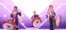 three anime characters holding red and white umbrellas