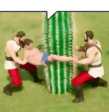 a group of men are wrestling each other in front of a cactus in a video game .