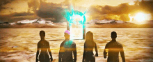 a group of people standing in front of a glowing archway in the water
