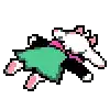 a pixel art drawing of a cat wearing a green cape and a pink bow tie .
