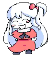 a pixel art of a girl with white hair and a red dress