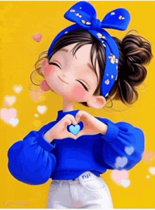 the girl is wearing a blue sweater and making a heart with her hands .