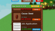 a screenshot of a game that shows a cacao seed