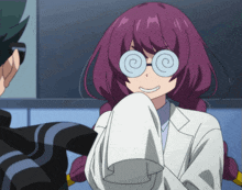 a girl with purple hair is wearing a white coat and glasses