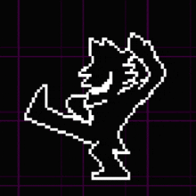 a pixel art drawing of a cat standing on one leg on a purple background .