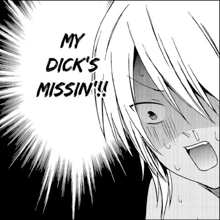 a black and white drawing of a person with the words my dick 's missin