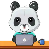 a panda bear sitting at a table with a laptop and a cup of coffee