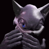 a close up of a cartoon character 's face with a purple eye