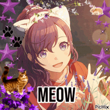 a girl with a cat ear and the word meow