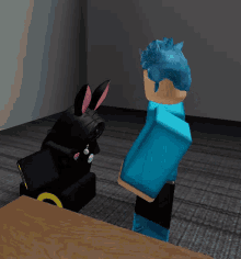 a cartoon character in a blue shirt is standing next to a black rabbit with pink ears
