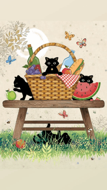 three black cats are sitting on a wooden bench next to a picnic basket filled with fruits and vegetables