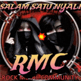 a poster for rmc rock metal community with a man and a woman wearing face masks