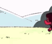 a cartoon character is running in the grass .