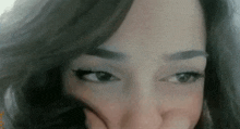 a close up of a woman 's face with a hand on her mouth .