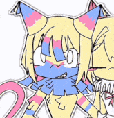 a drawing of a cat with a pink tail and a blue face
