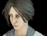 a close up of a woman 's face with short hair