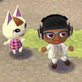 a cartoon character wearing headphones is standing next to a cartoon character wearing glasses .