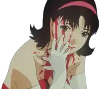a girl with blood on her face is wearing gloves and a headband .
