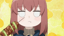 a girl is holding a skewer in her mouth and making a funny face