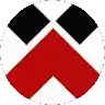 a red and black circle with two black squares in it .