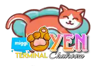 a logo for miggi terminal chatroom with a cat sleeping on a pillow