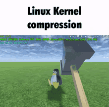 a computer screen shows a penguin being struck by an axe and the words linux kernel compression