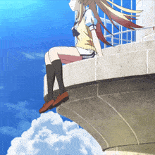 a girl in a school uniform sits on a ledge with her legs crossed