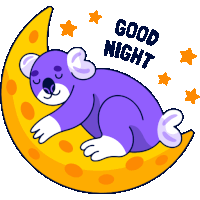 a purple koala bear is sleeping on a yellow crescent moon with the words good night written on it