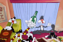 a group of cartoon cats are sitting around a fireplace drinking wine .