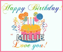a birthday card for millie with a cake and balloons on it