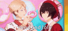 a couple of anime characters are standing next to each other and one is holding a donut .