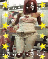 a woman in a white top that says empty is surrounded by music notes and stars