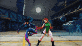 two female fighters are fighting in a video game with a full moon behind them