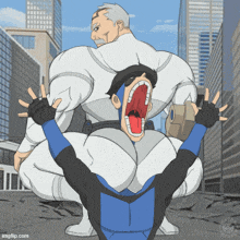 a cartoon of a man with his mouth open and a man in a white suit behind him