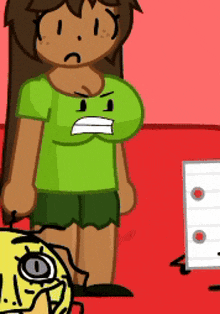 a cartoon girl in a green shirt and shorts is standing next to a yellow object .
