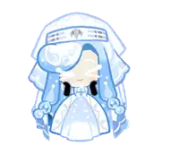 a cartoon character with blue hair and a white dress .