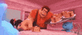 a man is holding a tray of pancakes and a girl is sitting at a table .