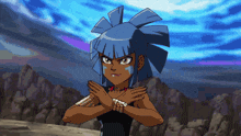a cartoon character with blue hair and a necklace that says ' a ' on it