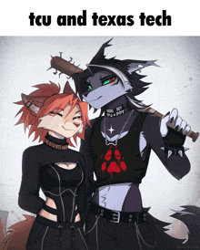 a furry couple standing next to each other with the words tcu and texas tech on the bottom